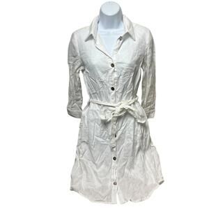 L'agence Shirt Dress S White Linen Blend Button Up‎ Waist Tie Collared